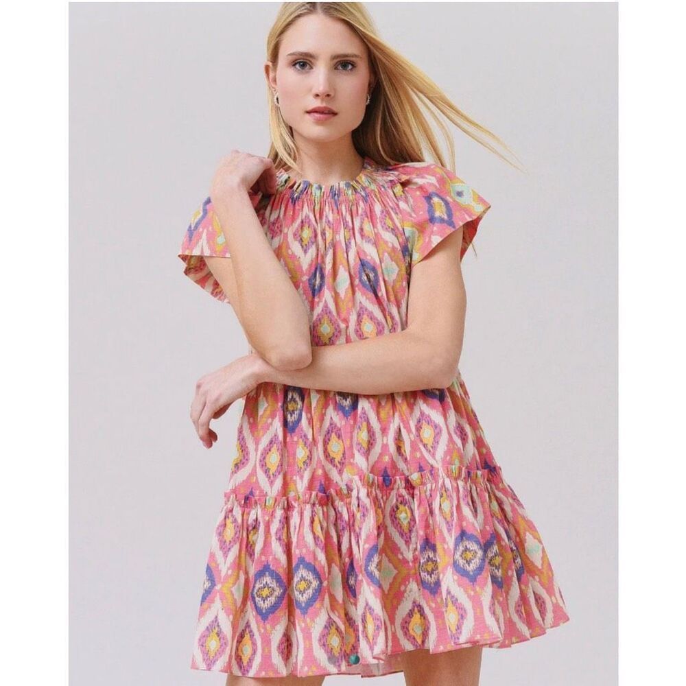 Charina Sarte Pink Ikat Print Tiered Ruffle Flutter Sleeve Mini Dress Small Boho